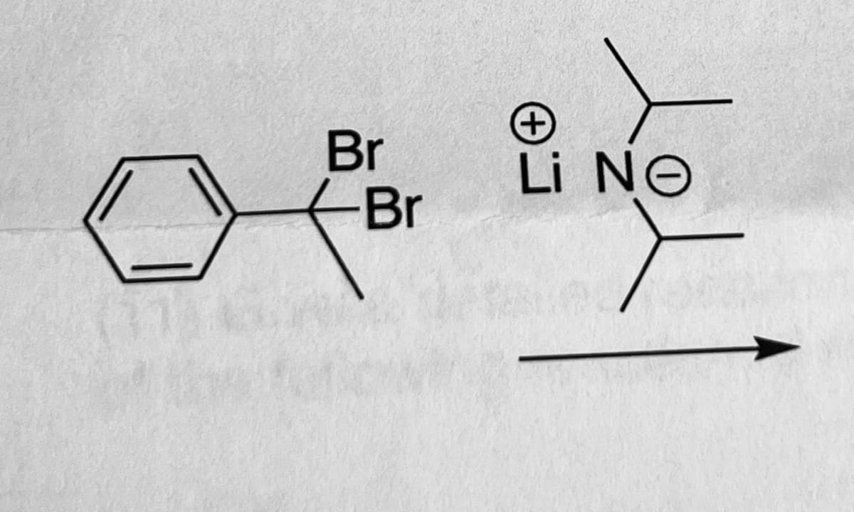 ### Organic Chemistry Reaction Mechanism

**Reaction Overview:**

- **Reactants:**
  1. A bromo compound with the structure:
     - A benzene ring attached to a carbon
     - The carbon is triply bonded to another carbon, with two bromine (Br) atoms attached
  2. Lithium diisopropylamide (LDA), which is a strong, non-nucleophilic base.
     - Represented by the structure:
       - Li (Lithium), which is positively charged
       - N (Nitrogen), which is negatively charged and flanked by two isopropyl groups (each indicated by a carbon with two methyl groups attached)

- **Reaction Indication:**
  - To the right of the reactants, there is an arrow indicating the direction of the reaction.

### Graphical Diagram:

**Reactant 1 Structure:**
- **Brominated Aromatic Compound:** 
  - Benzene ring attached to a central carbon.
  - Central carbon double-bonded to a second carbon bearing two bromine (Br) atoms.

**Reactant 2 Structure:**
- **Lithium Diisopropylamide (LDA):**
  - Positively charged Lithium (Li+)
  - Negatively charged Nitrogen (N-), which is bonded to two isopropyl groups.

**Reaction Arrow:**
- A single, right-pointing arrow indicating the progression of the reaction from reactants to products.

### Explanation:

In this reaction, the LDA (lithium diisopropylamide) serves as a strong, non-nucleophilic base. It is commonly used in organic synthesis to deprotonate compounds, leading to the formation of carbon-centered anions which can then undergo further chemical transformations.

In the provided reactants:
- The aromatic compound with two bromine atoms is ready to undergo deprotonation or substitution reactions facilitated by the strong base, LDA. 

This setup suggests that the reaction might involve the removal of a proton from the carbon between the benzene ring and the brominated substituent, leading to the formation of a stabilized anion or further transformation, but the exact products are not specified in the provided diagram.