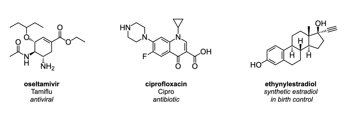 NH₂
oseltamivir
Tamiflu
antiviral
HN
F
ciprofloxacin
Cipro
antibiotic
OH
HO
OH
Ill
ethynylestradiol
synthetic estradiol
in birth control