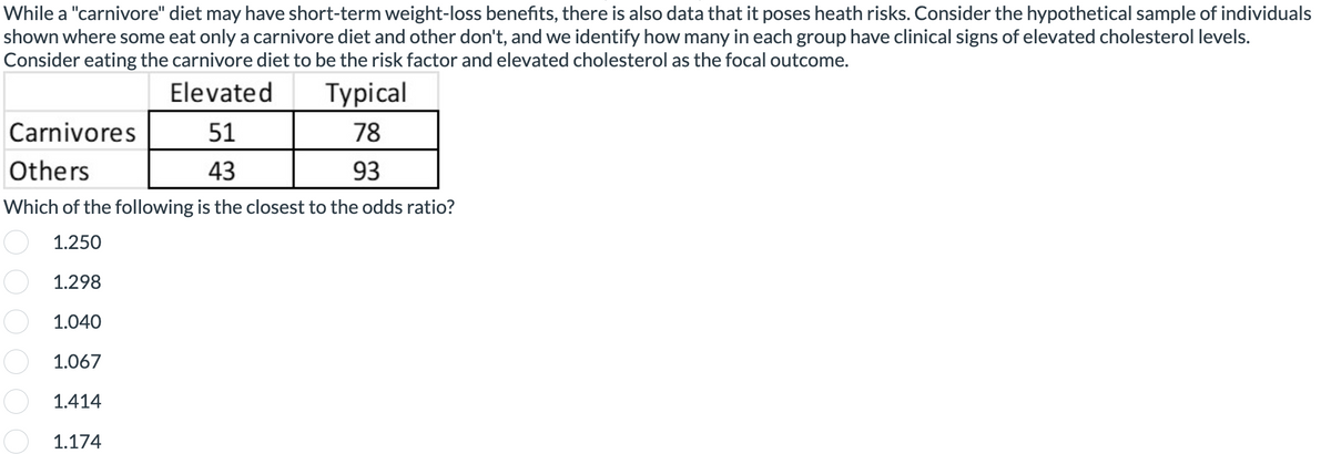 While a "carnivore" diet may have short-term weight-loss benefits, there is also data that it poses heath risks. Consider the hypothetical sample of individuals
shown where some eat only a carnivore diet and other don't, and we identify how many in each group have clinical signs of elevated cholesterol levels.
Consider eating the carnivore diet to be the risk factor and elevated cholesterol as the focal outcome.
Elevated
Typical
Carnivores
51
78
Others
43
93
Which of the following is the closest to the odds ratio?
1.250
1.298
1.040
1.067
1.414
1.174