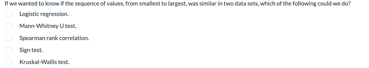 200000
If we wanted to know if the sequence of values, from smallest to largest, was similar in two data sets, which of the following could we do?
Logistic regression.
Mann-Whitney U test.
Spearman rank correlation.
Sign test.
Kruskal-Wallis test.