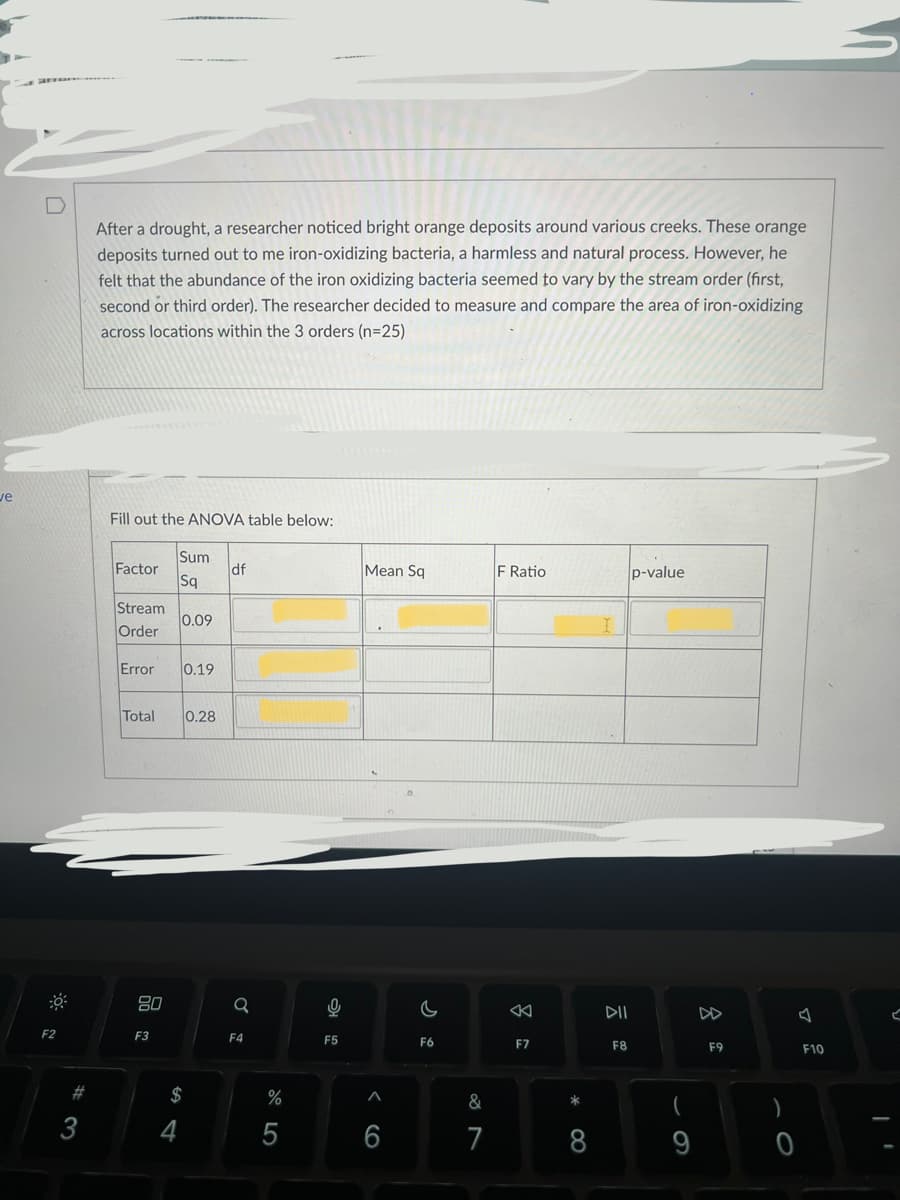 **Research Context and ANOVA Analysis**

**Research Overview:**
After a drought, a researcher noticed bright orange deposits around various creeks. These orange deposits were identified as iron-oxidizing bacteria, which is a harmless and natural process. It appeared that the abundance of iron-oxidizing bacteria varied by stream order (first, second, or third order). The researcher measured and compared the area of iron-oxidizing across locations within the three orders (n=25).

**ANOVA Table:**

This table is used to analyze the variance between the different stream orders and to determine if there are any statistically significant differences in the iron-oxidizing bacteria deposits.

| Factor        | Sum Sq | df | Mean Sq | F Ratio | p-value |
|---------------|--------|----|---------|---------|---------|
| Stream Order  | 0.09   |    |         |         |         |
| Error         | 0.19   |    |         |         |         |
| Total         | 0.28   |    |         |         |         |

- **Sum Sq (Sum of Squares):** Represents the total variation, divided by source (Stream Order and Error).
- **df (Degrees of Freedom):** Number of independent values or quantities.
- **Mean Sq (Mean Square):** Average of the squares; calculated as Sum Sq divided by df.
- **F Ratio:** Used to determine if the variances between the means are significant.
- **p-value:** Probability of observing the results given that the null hypothesis is true. A lower value typically indicates significant differences between groups.

This analysis helps understand if the variation in iron-oxidizing bacteria is significantly related to the stream order.