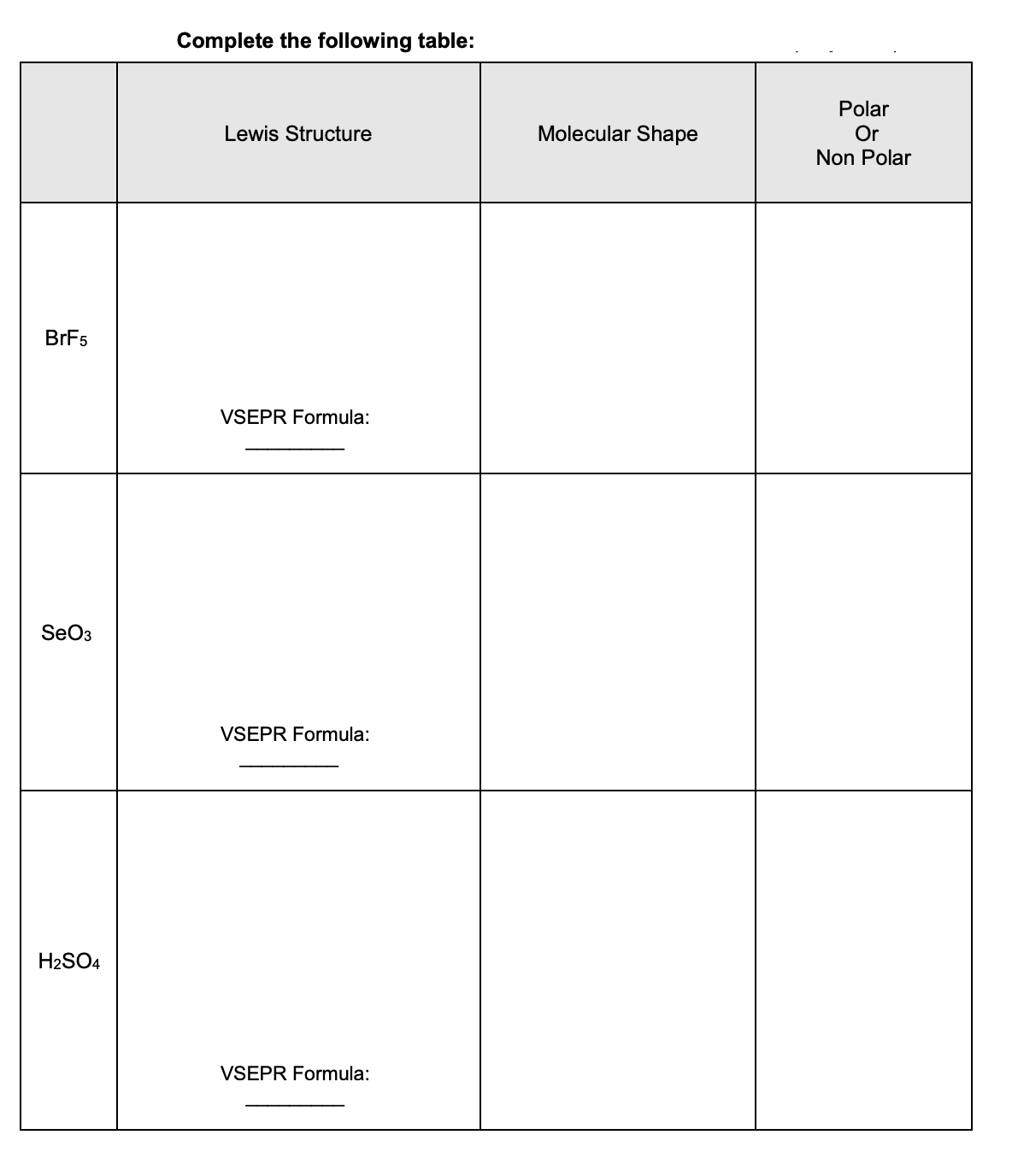 Complete the following table:
Polar
Lewis Structure
Molecular Shape
Or
Non Polar
BRF5
VSEPR Formula:
SeO3
VSEPR Formula:
H2SO4
VSEPR Formula:
