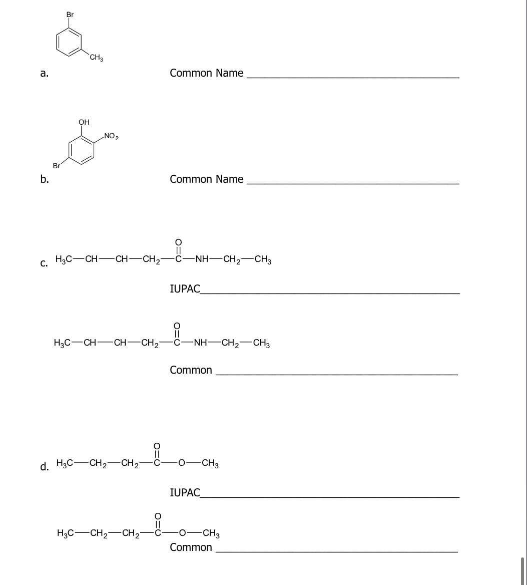 Br
CH3
a.
Common Name
OH
NO 2
Br
b.
Common Name
||
H3C-CH-CH-CH2
C-
-NH-CH2-CH3
С.
IUPAC
||
H3C-CH-CH-CH2-C-NH-CH2
-CH3
Common
d. H3C-CH2-CH2
CH3
IUPAC
H3C-CH2-CH2
-CH3
Common
