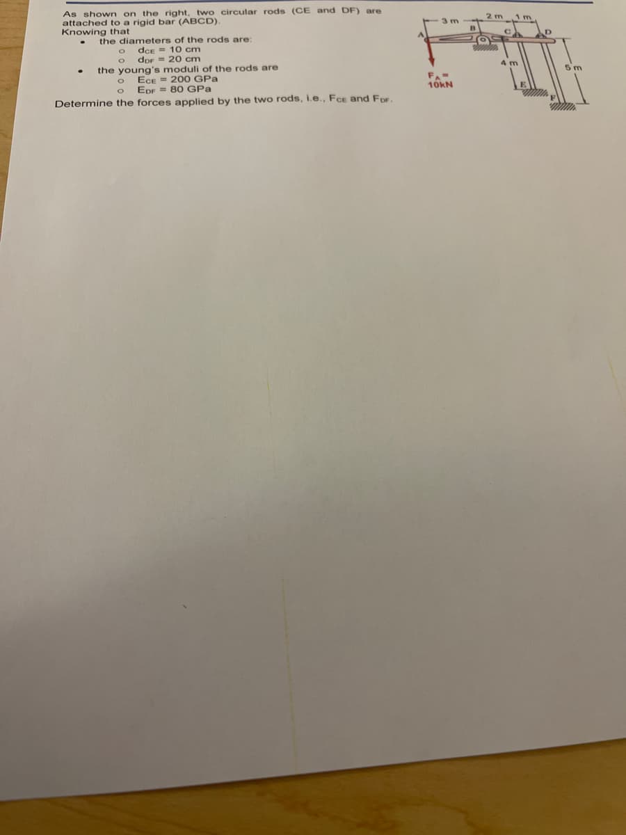 As shown on the right, two circular rods (CE and DF) are
attached to a rigid bar (ABCD).
Knowing that
2 m
1m
3 m
the diameters of the rods are:
der = 10 cm
dor = 20 cm
the young's moduli of the rods are
ECE = 200 GPa
Epr = 80 GPa
4 m
5 m
10KN
Determine the forces applied by the two rods, i.e., Fce and For
