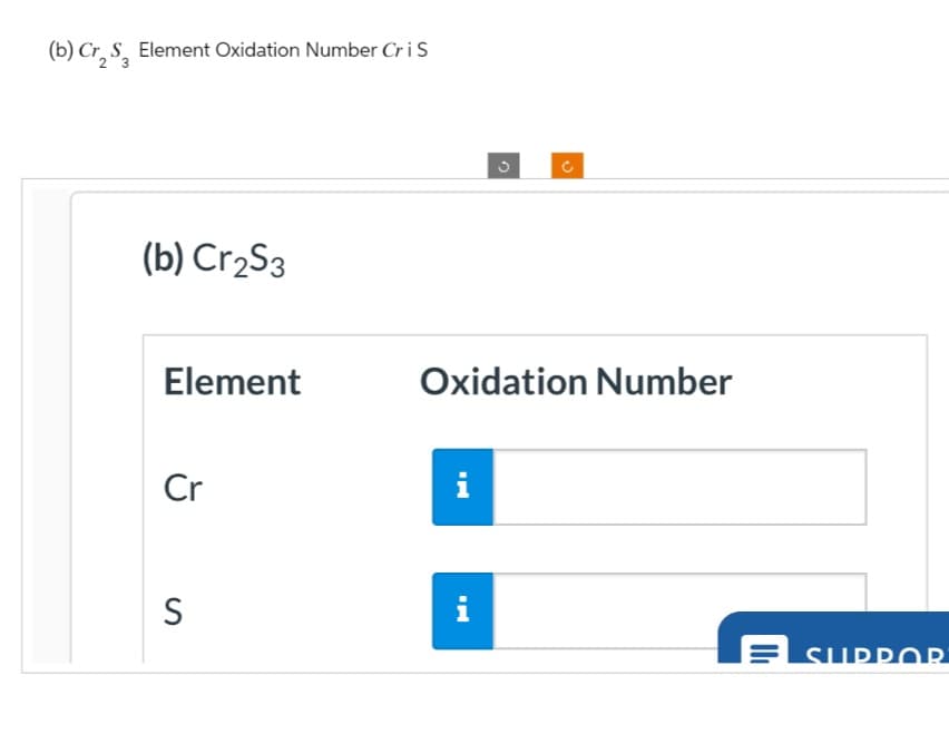 (b) Cr₁₂ S Element Oxidation Number Cr i S
(b) Cr₂S3
P
Element
Oxidation Number
Cr
S
i
♬ SUPPOR