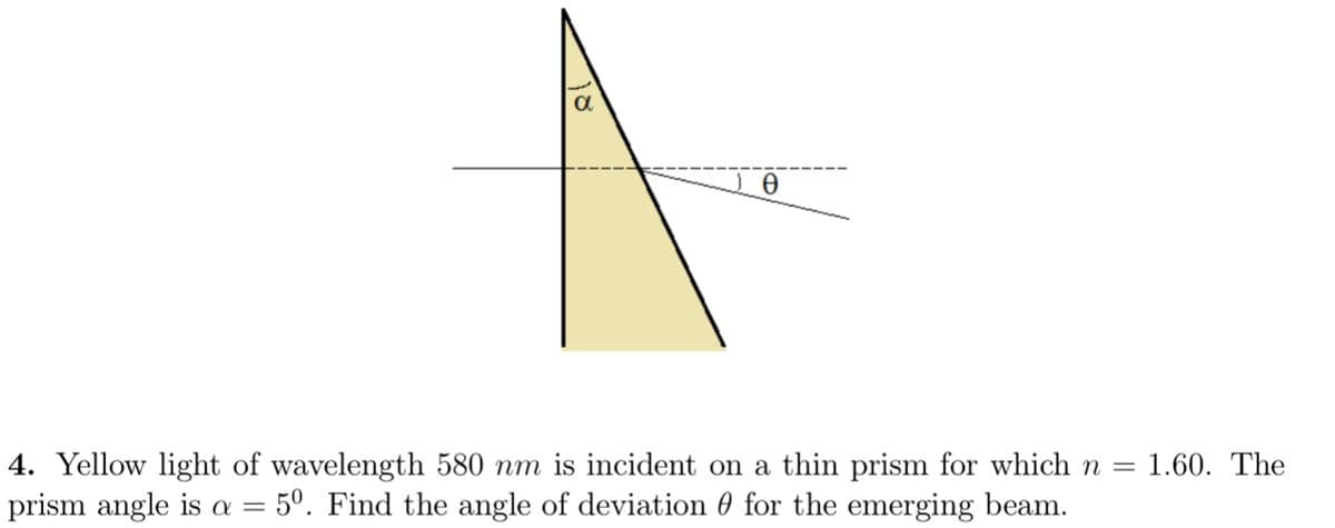 4. Yellow light of wavelength 580 nm is incident on a thin prism for which n =
prism angle is a = 5°. Find the angle of deviation 0 for the emerging beam.
1.60. The
