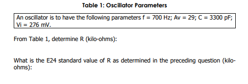 Table 1: Oscillator Parameters
An oscillator is to have the following parameters f = 700 Hz; Av = 29; C = 3300 pF;
Vi = 276 mV.
From Table 1, determine R (kilo-ohms):
What is the E24 standard value of R as determined in the preceding question (kilo-
ohms):
