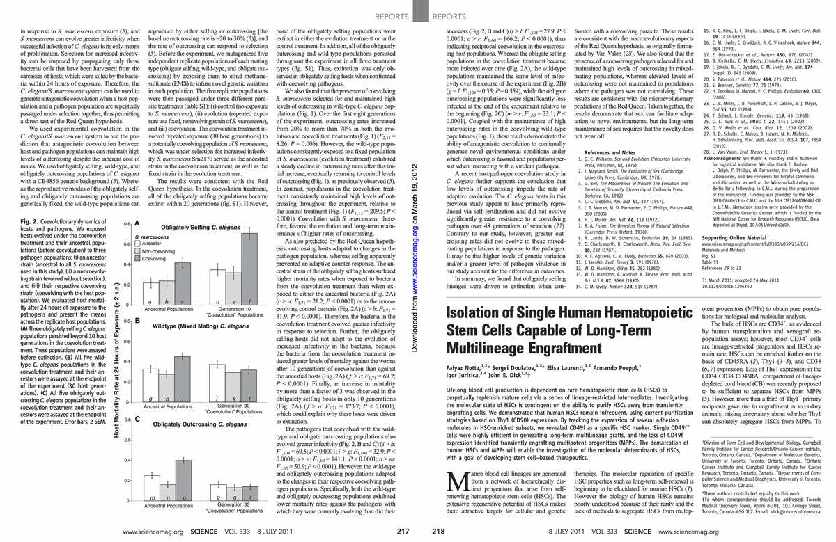 in response to S. marcescens exposure (5), and
S. marcescens can evolve greater infectivity when
successful infection of C. elegans is its only means
of proliferation. Selection for increased infectiv-
ity can be imposed by propagating only those
bacterial cells that have been harvested from the
carcasses of hosts, which were killed by the bacte-
ria within 24 hours of exposure. Therefore, the
C. elegans/S. marcescens system can be used to
generate antagonistic coevolution when a host pop-
ulation and a pathogen population are repeatedly
passaged under selection together, thus permitting
a direct test of the Red Queen hypothesis.
We used experimental coevolution in the
C. elegans/S. marcescens system to test the pre-
diction that antagonistic coevolution between
host and pathogen populations can maintain high
levels of outcrossing despite the inherent cost of
males. We used obligately selfing, wild-type, and
obligately outcrossing populations of C. elegans
with a CB4856 genetic background (5). Where-
as the reproductive modes of the obligately self-
ing and obligately outcrossing populations are
genetically fixed, the wild-type populations can
Fig. 2. Coevolutionary dynamics of
hosts and pathogens. We exposed
hosts evolved under the coevolution
treatment and their ancestral popu-
lations (before coevolution) to three
pathogen populations: (i) an ancestor
strain (ancestral to all S. marcescens
used in this study), (ii) a noncoevolv-
ing strain (evolved without selection),
and (iii) their respective coevolving
strain (coevolving with the host pop-
ulation). We evaluated host mortal-
ity after 24 hours of exposure to the
pathogens and present the means
across the replicate host populations.
(A) Three obligately selfing C. elegans
populations persisted beyond 10 host
generations in the coevolution treat-
ment. These populations were assayed
before extinction. (B) All five wild-
type C. elegans populations in the
coevolution treatment and their an-
cestors were assayed at the endpoint
of the experiment (30 host gener-
ations). (C) All five obligately out-
crossing C. elegans populations in the
coevolution treatment and their an-
cestors were assayed at the endpoint
of the experiment. Error bars, 2 SEM.
Host Mortality Rate at 24 Hours of Exposure (+ 2 s.e.)
0.8, A
0.6
0.4+
0.2-
0
0.8, B
0.6-
0.4-
0.2
0
0.8, C
0.6
0.4
0.2
0
reproduce by either selfing or outcrossing [the
baseline outcrossing rate is ~20 to 30% (5)], and
the rate of outcrossing can respond to selection
(5). Before the experiment, we mutagenized five
independent replicate populations of each mating
type (obligate selfing, wild-type, and obligate out-
crossing) by exposing them to ethyl methane-
sulfonate (EMS) to infuse novel genetic variation
in each population. The five replicate populations
were then passaged under three different para-
site treatments (table S1): (i) control (no exposure
to S. marcescens), (ii) evolution (repeated expo-
sure to a fixed, nonevolving strain of S. marcescens),
and (iii) coevolution. The coevolution treatment in-
volved repeated exposure (30 host generations) to
a potentially coevolving population of S. marcescens,
which was under selection for increased infectiv-
ity. S. marcescens Sm2170 served as the ancestral
strain in the coevolution treatment, as well as the
fixed strain in the evolution treatment.
The results were consistent with the Red
Queen hypothesis. In the coevolution treatment,
all of the obligately selfing populations became
extinct within 20 generations (fig. S1). However,
S. marcescens
Ancestor
Non-coevolving
Coevolving
Obligately Selfing C. elegans
b
a
Ancestral Populations
Generation 10
"Coevolution" Populations
Wildtype (Mixed Mating) C. elegans
g
Ancestral Populations
Generation 30
"Coevolution" Populations
Obligately Outcrossing C. elegans
m
Ancestral Populations
n
Generation 30
"Coevolution" Populations
REPORTS
none of the obligately selfing populations went
extinct in either the evolution treatment or in the
control treatment. In addition, all of the obligately
outcrossing and wild-type populations persisted
throughout the experiment in all three treatment
types (fig. S1). Thus, extinction was only ob-
served in obligately selfing hosts when confronted
with coevolving pathogens.
We also found that the presence of coevolving
S. marcescens selected for and maintained high
levels of outcrossing in wild-type C. elegans pop-
ulations (Fig. 1). Over the first eight generations
of the experiment, outcrossing rates increased
from 20% to more than 70% in both the evo-
lution and coevolution treatments (Fig. 1) (F2,11=
8.26; P = 0.006). However, the wild-type popu-
lations consistently exposed to a fixed population
of S. marcescens (evolution treatment) exhibited
a steady decline in outcrossing rates after this ini-
tial increase, eventually returning to control levels
of outcrossing (Fig. 1), as previously observed (5).
In contrast, populations in the coevolution treat-
ment consistently maintained high levels of out-
crossing throughout the experiment, relative to
the control treatment (Fig. 1) (F1,12 = 209.5; P<
0.0001). Coevolution with S. marcescens, there-
fore, favored the evolution and long-term main-
tenance of higher rates of outcrossing.
As also predicted by the Red Queen hypoth-
esis, outcrossing hosts adapted to changes in the
pathogen population, whereas selfing apparently
prevented an adaptive counter-response. The an-
cestral strain of the obligately selfing hosts suffered
higher mortality rates when exposed to bacteria
from the coevolution treatment than when ex-
posed to either the ancestral bacteria (Fig. 2A)
(c> a: F1,71 = 21.2; P<0.0001) or to the nonco-
evolving control bacteria (Fig. 2A) (c>b: F1,71 =
31.9; P<0.0001). Therefore, the bacteria in the
coevolution treatment evolved greater infectivity
in response to selection. Further, the obligately
selfing hosts did not adapt to the evolution of
increased infectivity in the bacteria, because
the bacteria from the coevolution treatment in-
duced greater levels of mortality against the worms
after 10 generations of coevolution than against
the ancestral hosts (Fig. 2A) (f>c: F1,71 = 69.2;
P<0.0001). Finally, an increase in mortality
by more than a factor of 3 was observed in the
obligately selfing hosts in only 10 generations
(Fig. 2A) (f> a: F1,71 = 173.7; P < 0.0001),
which could explain why these hosts were driven
to extinction.
The pathogens that coevolved with the wild-
type and obligate outcrossing populations also
evolved greater infectivity (Fig. 2, B and C) (i > h:
F1,104 69.5; P<0.0001; i >g: F1,104 = 32.9; P<
0.0001; on: F1,60 = 141.1; P<0.0001; o > m:
F1,60 50.9; P<0.0001). However, the wild-type
and obligately outcrossing populations adapted
to the changes in their respective coevolving path-
ogen populations. Specifically, both the wild-type
and obligately outcrossing populations exhibited
lower mortality rates against the pathogens with
which they were currently evolving than did their
www.sciencemag.org SCIENCE VOL 333 8 JULY 2011
217
Downloaded from www.sciencemag.org on March 19, 2012
REPORTS
218
ancestors (Fig. 2, B and C) (i >l: F1,104=27.9; P<
0.0001; o>r: F1,60 = 166.2; P<0.0001), thus
indicating reciprocal coevolution in the outcross-
ing host populations. Whereas the obligate selfing
populations in the coevolution treatment became
more infected over time (Fig. 2A), the wild-type
populations maintained the same level of infec-
tivity over the course of the experiment (Fig. 2B)
(g=l: F1,104 0.35; P=0.554), while the obligate
outcrossing populations were significantly less
infected at the end of the experiment relative to
the beginning (Fig. 2C) (m>r: F1,60 = 33.1; P<
0.0001). Coupled with the maintenance of high
outcrossing rates in the coevolving wild-type
populations (Fig. 1), these results demonstrate the
ability of antagonistic coevolution to continually
generate novel environmental conditions under
which outcrossing is favored and populations per-
sist when interacting with a virulent pathogen.
A recent host/pathogen coevolution study in
C. elegans further supports the conclusion that
low levels of outcrossing impede the rate of
adaptive evolution. The C. elegans hosts in this
previous study appear to have primarily repro-
duced via self-fertilization and did not evolve
significantly greater resistance to a coevolving
pathogen over 48 generations of selection (27).
Contrary to our study, however, greater out-
crossing rates did not evolve in these mixed-
mating populations in response to the pathogen.
It may be that higher levels of genetic variation
and/or a greater level of pathogen virulence in
our study account for the difference in outcomes.
In summary, we found that obligately selfing
lineages were driven to extinction when con-
fronted with a coevolving parasite. These results
are consistent with the macroevolutionary aspects
of the Red Queen hypothesis, as originally formu-
lated by Van Valen (28). We also found that the
presence of a coevolving pathogen selected for and
maintained high levels of outcrossing in mixed-
mating populations, whereas elevated levels of
outcrossing were not maintained in populations
where the pathogen was not coevolving. These
results are consistent with the microevolutionary
predictions of the Red Queen. Taken together, the
results demonstrate that sex can facilitate adap-
tation to novel environments, but the long-term
maintenance of sex requires that the novelty does
not wear off.
References and Notes
1. G. C. Williams, Sex and Evolution (Princeton University
Press, Princeton, NJ, 1975).
2. J. Maynard Smith, The Evolution of Sex (Cambridge
University Press, Cambridge, UK, 1978).
3. G. Bell, The Masterpiece of Nature: The Evolution and
Genetics of Sexuality (University of California Press,
Berkeley, CA, 1982).
4. G. L. Stebbins, Am. Nat. 91, 337 (1957).
5. L. T. Morran, M. D. Parmenter, P. C. Phillips, Nature 462,
350 (2009).
ature blood cell lineages are generated
from a network of hierarchically dis-
tinct progenitors that arise from self-
renewing hematopoietic stem cells (HSCs). The
extensive regenerative potential of HSCs makes
them attractive targets for cellular and genetic
6. H. J. Muller, Am. Nat. 66, 118 (1932).
7. R. A. Fisher, The Genetical Theory of Natural Selection
(Clarendon Press, Oxford, 1930).
8. R. Lande, D. W. Schemske, Evolution 39, 24 (1985).
9. D. Charlesworth, B. Charlesworth, Annu. Rev. Ecol. Syst.
18, 237 (1987).
10. A. F. Agrawal, C. M. Lively, Evolution 55, 869 (2001).
11. J. Jaenike, Evol. Theory 3, 191 (1978).
12. W. D. Hamilton, Oikos 35, 282 (1980).
13. W. Hamilton, R. Axelrod, R. Tanese, Proc
Sci. U.S.A. 87, 3566 (1990).
14. C. M. Lively, Nature 328, 519 (1987).
Isolation of Single Human Hematopoietic
Stem Cells Capable of Long-Term
Multilineage Engraftment
Faiyaz Notta,¹,²* Sergei Doulatov, ¹,2* Elisa Laurenti, ¹,² Armando Poeppl,¹
Igor Jurisica,3,4 John E. Dick¹, ²+
Acad.
Lifelong blood cell production is dependent on rare hematopoietic stem cells (HSCs) to
perpetually replenish mature cells via a series of lineage-restricted intermediates. Investigating
the molecular state of HSCs is contingent on the ability to purify HSCs away from transiently
engrafting cells. We demonstrated that human HSCs remain infrequent, using current purification
strategies based on Thy1 (CD90) expression. By tracking the expression of several adhesion
molecules in HSC-enriched subsets, we revealed CD49f as a specific HSC marker. Single CD49f+
cells were highly efficient in generating long-term multilineage grafts, and the loss of CD49f
expression identified transiently engrafting multipotent progenitors (MPPs). The demarcation of
human HSCs and MPPS will enable the investigation of the molecular determinants of HSCs,
with a goal of developing stem cell-based therapeutics.
therapies. The molecular regulation of specific
HSC properties such as long-term self-renewal is
beginning to be elucidated for murine HSCs (1).
However the biology of human HSCs remains
poorly understood because of their rarity and the
lack of methods to segregate HSCs from multip-
8 JULY 2011 VOL 333
15. K. C. King, L. F. Delph, J. Jokela, C. M. Lively, Curr. Biol.
19, 1438 (2009).
16. C. M. Lively, C. Craddock, R. C. Vrijenhoek, Nature 344,
864 (1990).
17. E. Decaestecker et al., Nature 450, 870 (2007).
18. B. Koskella, C. M. Lively, Evolution 63, 2213 (2009).
19. J. Jokela, M. F. Dybdahl, C. M. Lively, Am. Nat. 174
(suppl. 1), S43 (2009).
20. S. Paterson et al., Nature 464, 275 (2010).
21. S. Brenner, Genetics 77, 71 (1974).
22. H. Teotónio, D. Manoel, P. C. Phillips, Evolution 60, 1300
(2006).
23. L. M. Miller, J. D. Plenefisch, L. P. Casson, B. J. Meyer,
Cell 55, 167 (1988).
24. T. Schedl, J. Kimble, Genetics 119, 43 (1988).
25. C. L. Kurz et al., EMBO J. 22, 1451 (2003).
26. G. V. Mallo et al., Curr. Biol. 12, 1209 (2002).
27. R. D. Schulte, C. Makus, B. Hasert, N. K. Michiels,
H. Schulenburg, Proc. Natl. Acad. Sci. U.S.A. 107, 7359
(2010).
28. L. Van Valen, Evol. Theory 1, 1 (1973).
Acknowledgments: We thank H. Hundley and R. Matteson
for logistical assistance. We also thank F. Bashey,
L. Delph, P. Phillips, M. Parmenter, the Lively and Hall
laboratories, and two reviewers for helpful comments
and discussion, as well as the Wissenschaftskolleg zu
Berlin for a fellowship to C.M.L. during the preparation
of the manuscript. Funding was provided by the NSF
(DEB-0640639 to C.M.L) and the NIH (1F32GM096482-01
to L.T.M). Nematode strains were provided by the
Caenorhabditis Genetics Center, which is funded by the
NIH National Center for Research Resources (NCRR). Data
deposited at Dryad, 10.5061/dryad.c0q0h.
Supporting Online Material
www.sciencemag.org/cgi/content/full/333/6039/216/DC1
Materials and Methods
Fig. S1
Table S1
References 29 to 31
31 March 2011; accepted 24 May 2011
10.1126/science.1206360
otent progenitors (MPPs) to obtain pure popula-
tions for biological and molecular analysis.
The bulk of HSCs are CD34+, as evidenced
by human transplantation and xenograft re-
population assays; however, most CD34+ cells
are lineage-restricted progenitors and HSCs re-
main rare. HSCs can be enriched further on the
basis of CD45RA (2), Thy1 (3-5), and CD38
(6, 7) expression. Loss of Thyl expression in the
CD34 CD38 CD45RA compartment of lineage-
depleted cord blood (CB) was recently proposed
to be sufficient to separate HSCs from MPPS
(5). However, more than a third of Thy1 primary
recipients gave rise to engraftment in secondary
animals, raising uncertainty about whether Thyl
can absolutely segregate HSCs from MPPs. To
¹Division of Stem Cell and Developmental Biology, Campbell
Family Institute for Cancer Research/Ontario Cancer Institute,
Toronto, Ontario, Canada. ²Department of Molecular Genetics,
University of Toronto, Toronto, Ontario, Canada. ³Ontario
Cancer Institute and Campbell Family Institute for Cancer
Research, Toronto, Ontario, Canada. Departments of Com-
puter Science and Medical Biophysics, University of Toronto,
Toronto, Ontario, Canada.
*These authors contributed equally to this work.
To whom correspondence should be addressed. Toronto
Medical Discovery Tower, Room 8-301, 101 College Street,
Toronto, Canada M5G 1L7. E-mail: jdick@uhnres.utoronto.ca
SCIENCE www.sciencemag.org