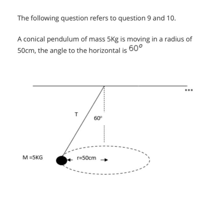 The following question refers to question 9 and 10.
A conical pendulum of mass 5Kg is moving in a radius of
50cm, the angle to the horizontal is
60°
60°
M =5KG
r=50cm
