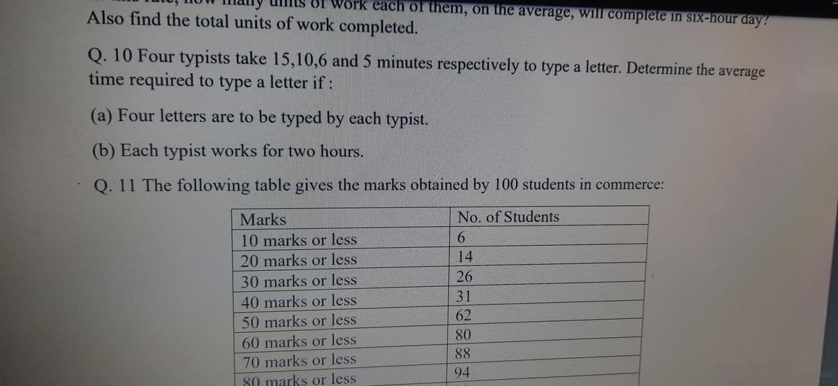 of work each of them, on the average, will complete in six-hour day?
Also find the total units of work completed.
Q. 10 Four typists take 15,10,6 and 5 minutes respectively to type a letter. Determine the
time required to type a letter if :
(a) Four letters are to be typed by each typist.
(b) Each typist works for two hours.
Q. 11 The following table gives the marks obtained by 100 students in commerce:
Marks
No. of Students
10 marks or less
6
20 marks or less
14
30 marks or less
26
40 marks or less
31
62
50 marks or less
60 marks or less
70 marks or less
80 marks or less
80
88
94
average