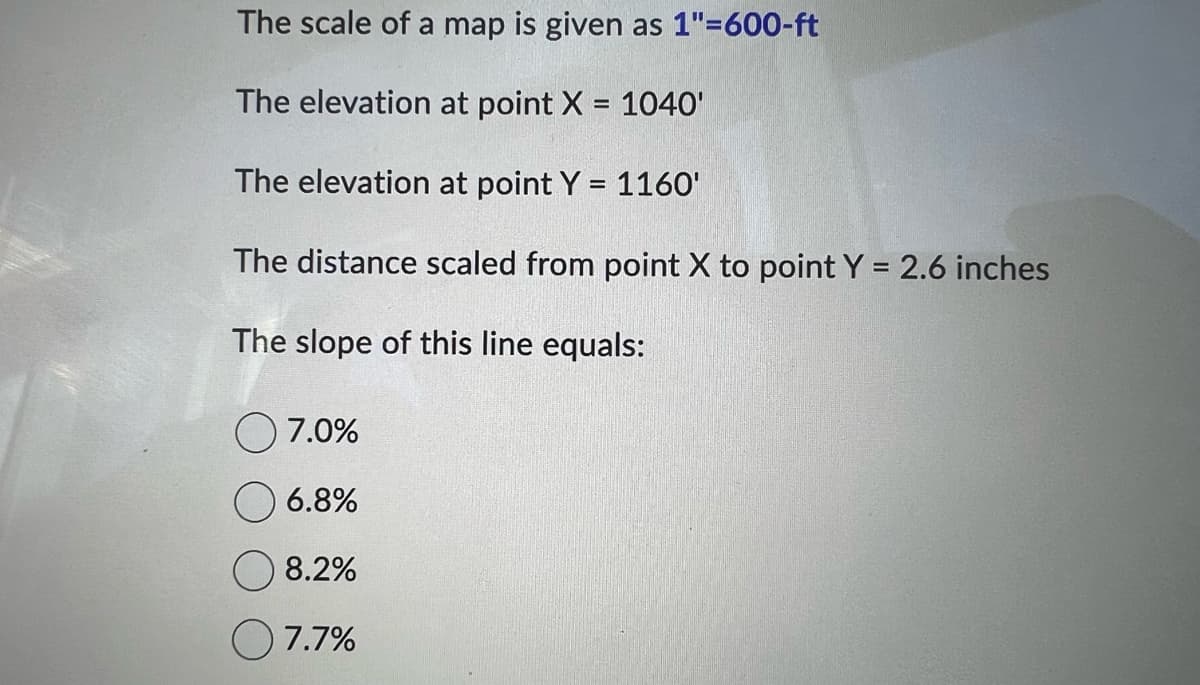 The scale of a map is given as 1"=600-ft
The elevation at point X = 1040'
The elevation at point Y = 1160'
The distance scaled from point X to point Y = 2.6 inches
The slope of this line equals:
7.0%
6.8%
8.2%
7.7%