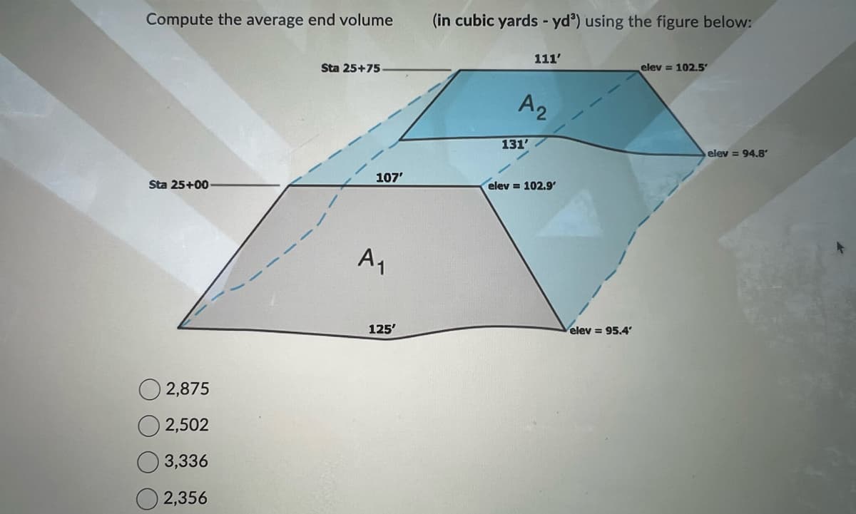 Compute the average end volume
Sta 25+00
2,875
2,502
3,336
2,356
Sta 25+75
107'
A₁
125'
(in cubic yards - yd³) using the figure below:
111'
A2
131'
elev = 102.9'
elev = 95.4'
elev = 102.5
elev = 94.8'