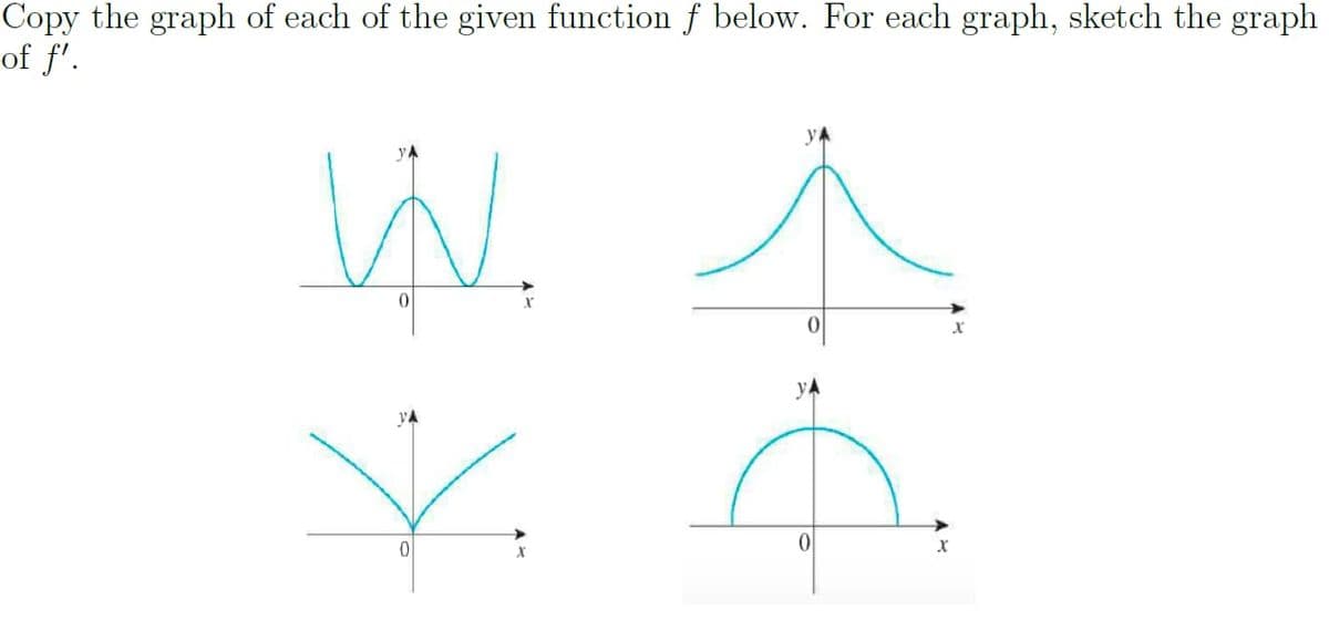 Copy the graph of each of the given function f below. For each graph, sketch the graph
of f'.
W.
¥
↑
à
X