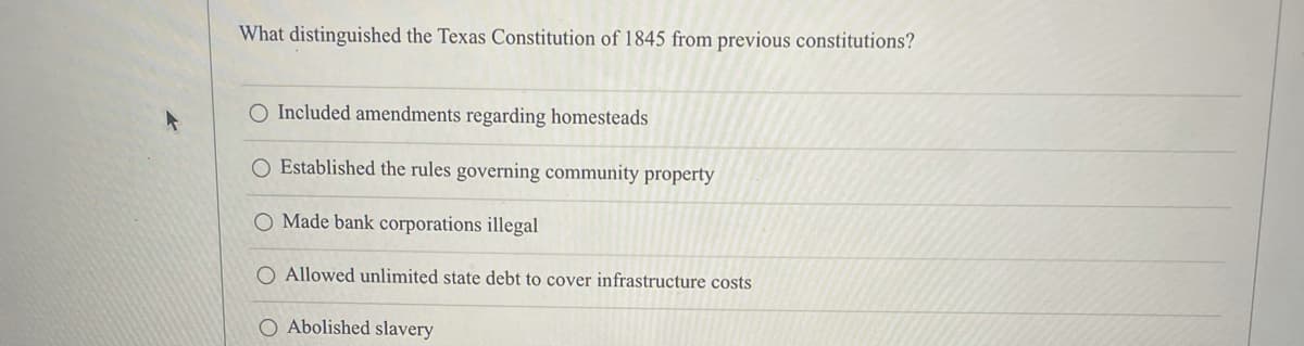 What distinguished the Texas Constitution of 1845 from previous constitutions?
O Included amendments regarding homesteads
O Established the rules governing community property
O Made bank corporations illegal
O Allowed unlimited state debt to cover infrastructure costs
O Abolished slavery
