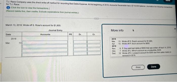 T.J. Race Company uses the direct write-off method for recording Bad Debts Expense. At the beginning of 2018, Accounts Receivable has a $118,000 balance Joumalize the following transactions
for T.J. Race:
(Click the icon to view the transactions.)
(Record debits first, then credits. Exclude explanations from journal entries.)
March 13, 2018: Wrote off S. Rose's account for $1,800.
Journal Entry
Date
Mar.
2018
13
Accounts
PR
Dr.
Cocom
Cr.
More info
2018
Mar.
Apr
2019
Nov.
Dec.
Ded
13 Wrote off S. Rose's account for $1,800,
14 Wrote off P. Soy's account for $650
8 P. Soy paid bad debts of $650 that was written off April 14, 2018
7 Wrote off J. Minor's account as uncollectible, $300.
12 Wrote off D. Lovejoy's account for $350 due from sales made on
account in 2018
Print
Done