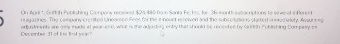 On April 1, Griffith Publishing Company received $24,480 from Santa Fe, Inc. for 36-month subscriptions to several different
magazines. The company credited Unearned Fees for the amount received and the subscriptions started immediately. Assuming
adjustments are only made at year-end, what is the adjusting entry that should be recorded by Griffith Publishing Company on
December 31 of the first year?