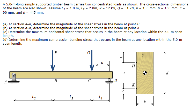 A 5.0-m-long simply supported timber beam carries two concentrated loads as shown. The cross-sectional dimensions
of the beam are also shown. Assume L1 = 1.0 m, L2 = 2.0m, P = 12 kN, Q = 31 kN, a = 135 mm, b = 150 mm, c =
90 mm, and d = 445 mm.
(a) At section a-a, determine the magnitude of the shear stress in the beam at point H.
(b) At section a-a, determine the magnitude of the shear stress in the beam at point K.
(c) Determine the maximum horizontal shear stress that occurs in the beam at any location within the 5.0-m span
length.
(d) Determine the maximum compression bending stress that occurs in the beam at any location within the 5.0-m
span length.
a
H
d
В
D
K
