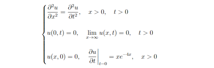 32u 82u
?х2
=
u(0,t) = 0,
u(x,0) = 0,
0+2'
x>0, t>0
lim u(x, t) = 0,
X-00
ди
4x
- те
Ət
7
t>0
x > 0