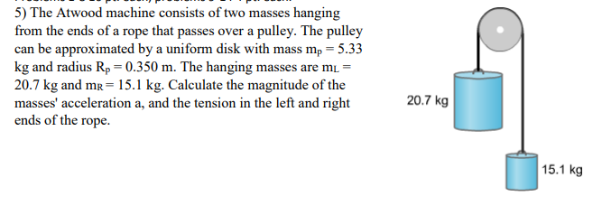 5) The Atwood machine consists of two masses hanging
from the ends of a rope that passes over a pulley. The pulley
can be approximated by a uniform disk with mass m, = 5.33
kg and radius Rp = 0.350 m. The hanging masses are m =
20.7 kg and mr = 15.1 kg. Calculate the magnitude of the
masses' acceleration a, and the tension in the left and right
ends of the rope.
