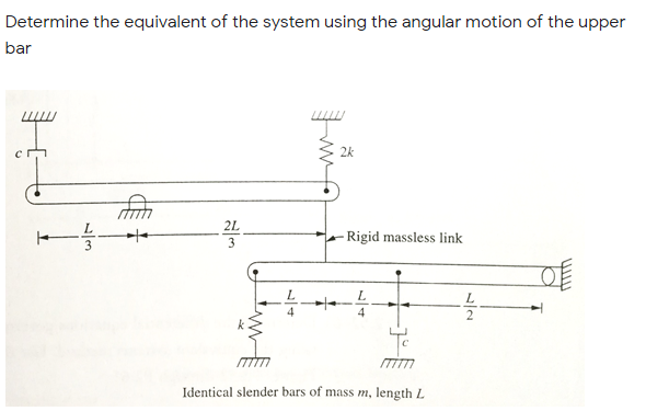 Determine the equivalent of the system using the angular motion of the upper
bar
2k
2L
- Rigid massless link
3
L.
4
4
Identical slender bars of mass m, length L
/2
