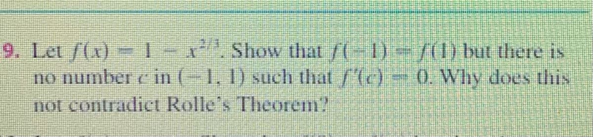 Show that /(-1) -7(1) but there is
9. Let /(x) 1-x
no number e in (-1. 1) such that/(c) - 0. Why does this
not contradict Rolle's Theorem?
