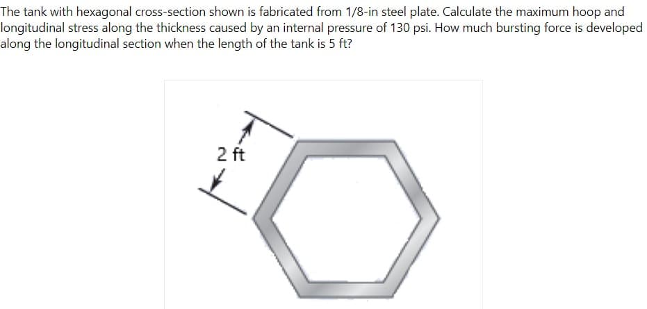 The tank with hexagonal cross-section shown is fabricated from 1/8-in steel plate. Calculate the maximum hoop and
longitudinal stress along the thickness caused by an internal pressure of 130 psi. How much bursting force is developed
along the longitudinal section when the length of the tank is 5 ft?
2 ft
