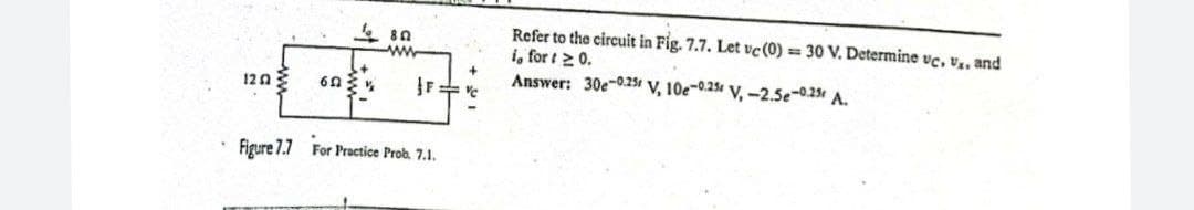 Refer to the circuit in Fig. 7.7. Let vc (0) = 30 V. Determine ve, v.. and
i, for t 20.
Answer: 30e-0251 V, 10e-0.25 V, -2.5e-0.25 A.
* 80
ww
12n
Figure 7.7 For Practice Prob. 7.1.
