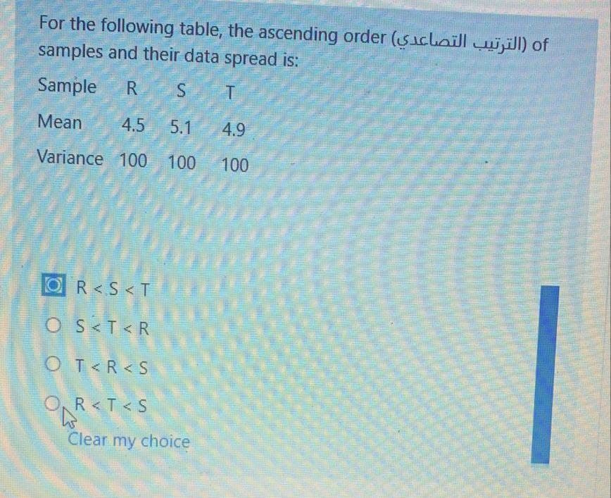 For the following table, the ascending order (saclaill ijill) of
samples and their data spread is:
Sample
Mean
4.5
5.1
4.9
Variance 100
100
100
OR<S<T
O S<T< R
OT<R< S
O
R<T<S
Clear my choice
