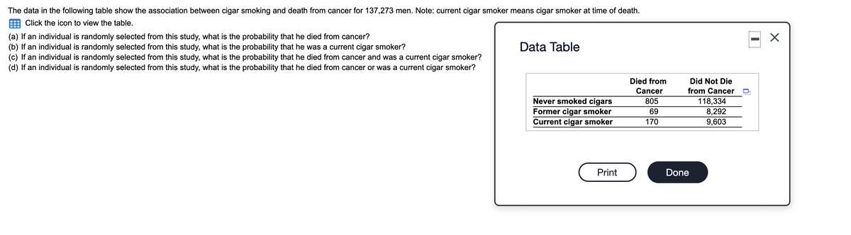 The data in the following table show the association between cigar smoking and death from cancer for 137,273 men. Note: current cigar smoker means cigar smoker at time of death.
Click the icon to view the table.
(a) If an individual is randomly selected from this study, what is the probability that he died from cancer?
(b) If an individual is randomly selected from this study, what is the probability that he was a current cigar smoker?
Data Table
(c) If an individual is randomly selected from this study, what is the probability that he died from cancer and was a current cigar smoker?
(d) If an individual is randomly selected from this study, what is the probability that he died from cancer or was a current cigar smoker?
Died from
Did Not Die
Cancer
from Cancer
Never smoked cigars
118,334
8,292
805
Former cigar smoker
69
Current cigar smoker
170
9,603
Print
Done
