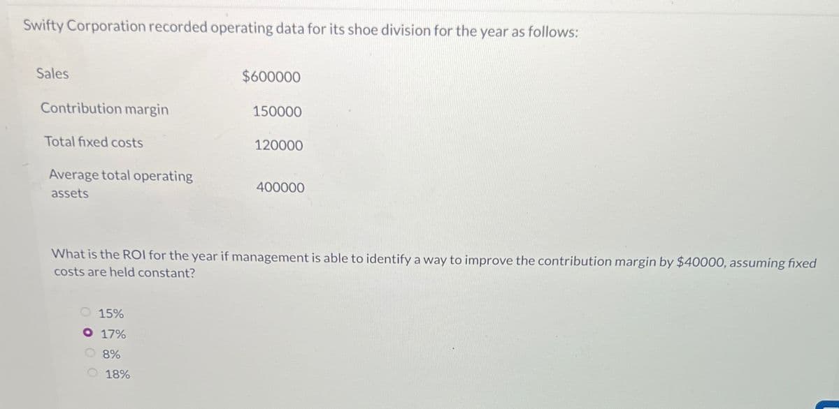 Swifty Corporation recorded operating data for its shoe division for the year as follows:
Sales
$600000
Contribution margin
150000
Total fixed costs
120000
Average total operating
assets
400000
What is the ROI for the year if management is able to identify a way to improve the contribution margin by $40000, assuming fixed
costs are held constant?
15%
° 17%
8%
18%