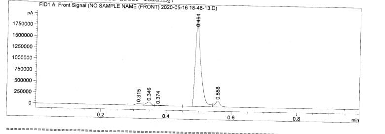 FID1 A, Front Signal (NO SAMPLE NAME (FRONT) 2020-05-16 18-48-13.D)
PA
1750000
1500000
1250000
1000000
750000
500000
250000
0.2
0.4
0.6
0.8
min
=== ===:
0.315
0.346
0.374
0.494
>0.558
