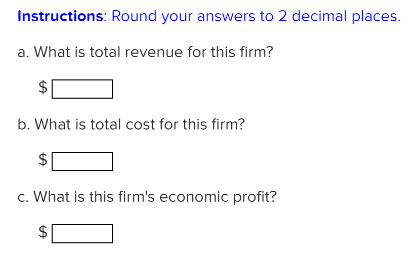 Instructions: Round your answers to 2 decimal places.
a. What is total revenue for this firm?
b. What is total cost for this firm?
c. What is this firm's economic profit?
%24
%24
%24
