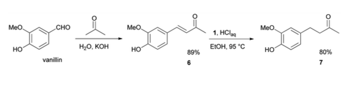 O=
MeO
CHO
MeO
MeO
1, HClaq
HO
H₂O, KOH
EtOH, 95 °C
HO
HO
89%
80%
vanillin
6
7