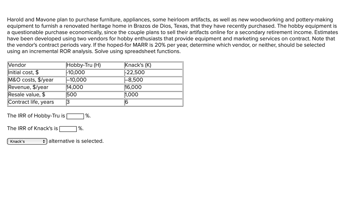 Harold and Mavone plan to purchase furniture, appliances, some heirloom artifacts, as well as new woodworking and pottery-making
equipment to furnish a renovated heritage home in Brazos de Dios, Texas, that they have recently purchased. The hobby equipment is
a questionable purchase economically, since the couple plans to sell their artifacts online for a secondary retirement income. Estimates
have been developed using two vendors for hobby enthusiasts that provide equipment and marketing services on contract. Note that
the vendor's contract periods vary. If the hoped-for MARR is 20% per year, determine which vendor, or neither, should be selected
using an incremental ROR analysis. Solve using spreadsheet functions.
Vendor
Hobby-Tru (H)
Initial cost, $
-10,000
M&O costs, $/year
-10,000
Revenue, $/year
14,000
Resale value, $
500
Contract life, years
3
The IRR of Hobby-Tru is
%.
The IRR of Knack's is
%.
Knack's
4 alternative is selected.
Knack's (K)
-22,500
-8,500
16,000
1,000