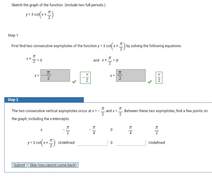 Sketch the graph of the function. (Include two full periods.)
y = 3 cot( x +
