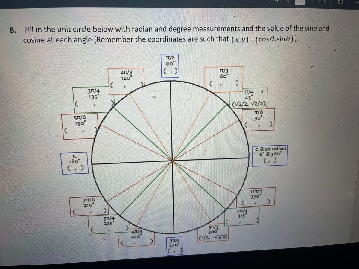 Of 5
8. Fill in the unit circle below with radian and degree measurements and the value of the sine and
cosine at each angle (Remember the coordinates are such that (x,y)=(cos0,sin@)).
TC/2
90
()
2/3
120
TE/3
60
3T/4
135
T/4
45
(V2/2, v2/2)
ST/6
150
TE/6
30
o & 2t rad ians
o & 360
(,)
TC
180
11T/6
7T/6
210
330
330
ST/4
225
7T/4
315
4TC/3
240
ST/3
300
(1/2, -V3/2)
31/2
270
