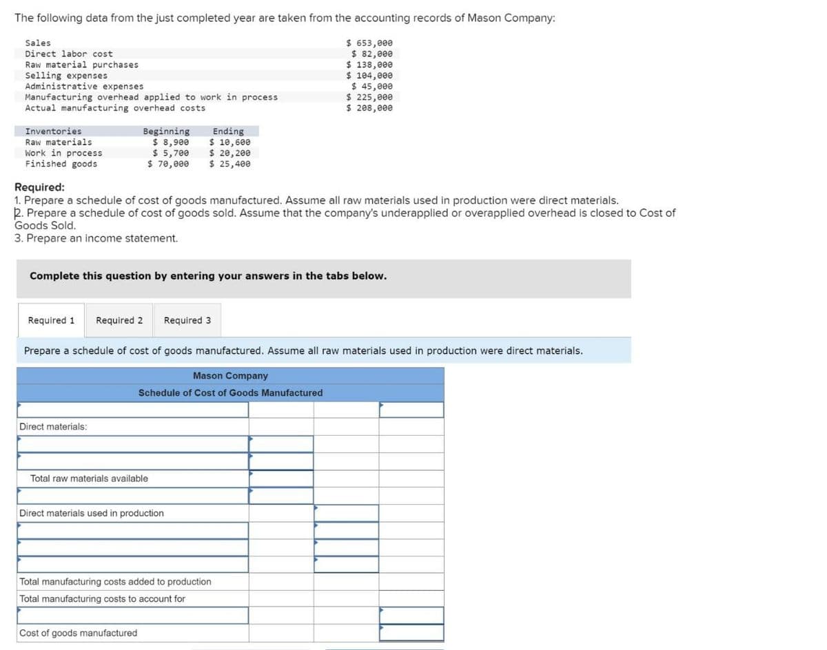 The following data from the just completed year are taken from the accounting records of Mason Company:
Sales
Direct labor cost
Raw material purchases
Selling expenses
Administrative expenses
Manufacturing overhead applied to work in process
Actual manufacturing overhead costs
Inventories
Raw materials
Beginning
Ending
$ 8,900
$ 10,600
$ 5,700
$ 20,200
Finished goods
$ 70,000
$ 25,400
Work in process
$ 653,000
$ 82,000
$ 138,000
$ 104,000
$ 45,000
$ 225,000
$ 208,000
Required:
1. Prepare a schedule of cost of goods manufactured. Assume all raw materials used in production were direct materials.
2. Prepare a schedule of cost of goods sold. Assume that the company's underapplied or overapplied overhead is closed to Cost of
Goods Sold.
3. Prepare an income statement.
Complete this question by entering your answers in the tabs below.
Required 1 Required 2 Required 3
Prepare a schedule of cost of goods manufactured. Assume all raw materials used in production were direct materials.
Mason Company
Schedule of Cost of Goods Manufactured
Direct materials:
Total raw materials available
Direct materials used in production
Total manufacturing costs added to production
Total manufacturing costs to account for
Cost of goods manufactured