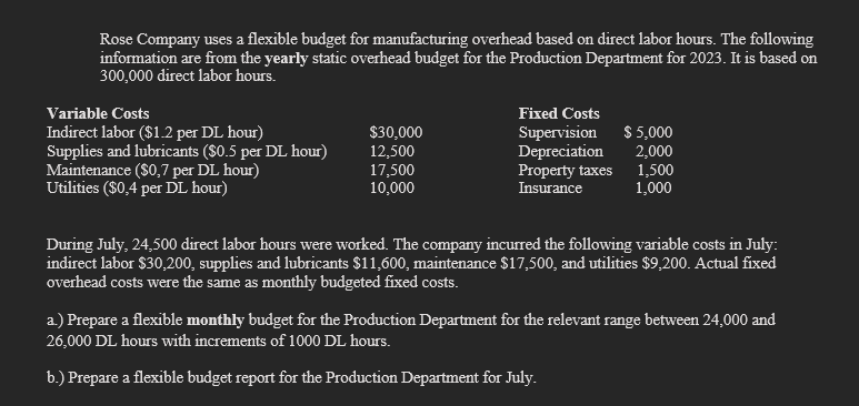 Rose Company uses a flexible budget for manufacturing overhead based on direct labor hours. The following
information are from the yearly static overhead budget for the Production Department for 2023. It is based on
300,000 direct labor hours.
Variable Costs
Indirect labor ($1.2 per DL hour)
Supplies and lubricants ($0.5 per DL hour)
Maintenance ($0,7 per DL hour)
Utilities ($0,4 per DL hour)
$30,000
12,500
17,500
10,000
Fixed Costs
Supervision
Depreciation
Property taxes
Insurance
$5,000
2,000
1,500
1,000
During July, 24,500 direct labor hours were worked. The company incurred the following variable costs in July:
indirect labor $30,200, supplies and lubricants $11,600, maintenance $17,500, and utilities $9,200. Actual fixed
overhead costs were the same as monthly budgeted fixed costs.
a.) Prepare a flexible monthly budget for the Production Department for the relevant range between 24,000 and
26,000 DL hours with increments of 1000 DL hours.
b.) Prepare a flexible budget report for the Production Department for July.