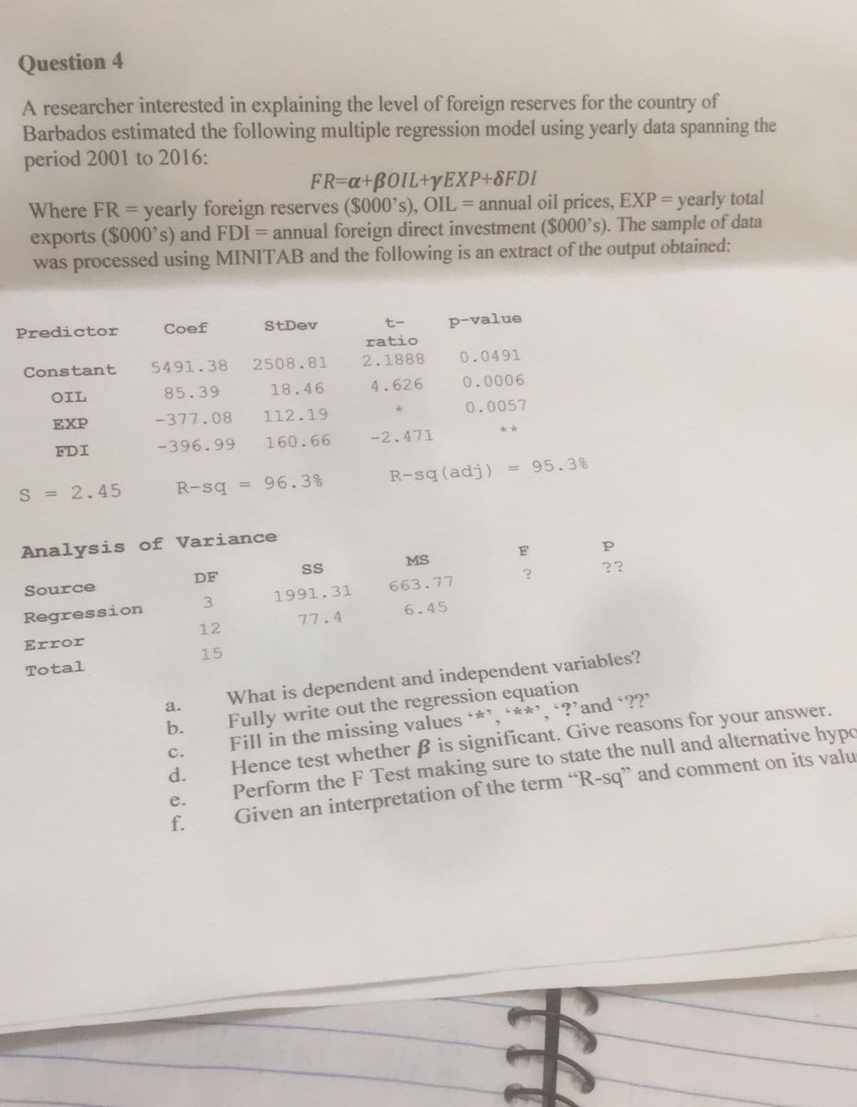 Question 4
A researcher interested in explaining the level of foreign reserves for the country of
Barbados estimated the following multiple regression model using yearly data spanning the
period 2001 to 2016:
FR-a+BOIL+YEXP+8FDI
Where FR = yearly foreign reserves ($000's), OIL = annual oil prices, EXP= yearly total
exports ($000's) and FDI = annual foreign direct investment ($000's). The sample of data
was processed using MINITAB and the following is an extract of the output obtained:
%3D
%3D
|3D
Predictor
Coef
StDev
t-
p-value
ratio
Constant
5491.38
2508.81
2.1888
0.0491
OIL
85.39
18.46
4.626
0.0006
EXP
-377.08
112.19
0.0057
FDI
-396.99
160.66
-2.471
**
S = 2.45
R-sq
96.3%
R-sq (adj)
95.3%
%3D
%3D
Analysis of Variance
DF
SS
MS
Source
??
3.
1991.31
663.77
Regression
77.4
6.45
12
Error
15
Total
What is dependent and independent variables?
Fully write out the regression equation
Fill in the missing values *
Hence test whether B is significant. Give reasons for your answer.
Perform the F Test making sure to state the null and alternative hypo
Given an interpretation of the term "R-sq" and comment on its valu
a.
b.
*', '?'and ??
c.
d.
e.
f.
玉
