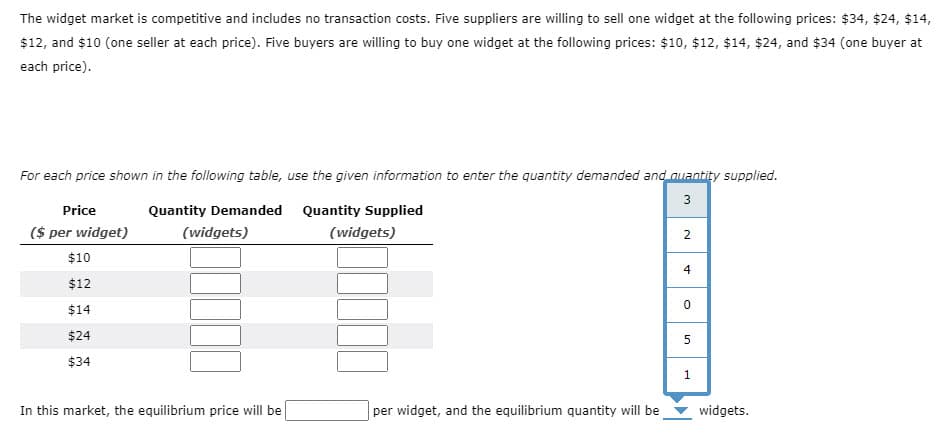 The widget market is competitive and includes no transaction costs. Five suppliers are willing to sell one widget at the following prices: $34, $24, $14,
$12, and $10 (one seller at each price). Five buyers are willing to buy one widget at the following prices: $10, $12, $14, $24, and $34 (one buyer at
each price).
For each price shown in the following table, use the given information to enter the quantity demanded and quantity supplied.
Price
($ per widget)
Quantity Demanded
(widgets)
$10
$12
$14
$24
$34
In this market, the equilibrium price will be
Quantity Supplied
(widgets)
3
2
4
0
5
1
per widget, and the equilibrium quantity will be
widgets.