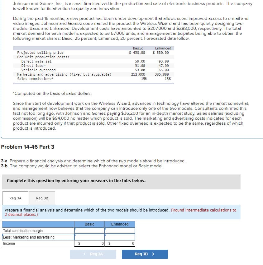 Johnson and Gomez, Inc., is a small firm involved in the production and sale of electronic business products. The company
is well known for its attention to quality and innovation.
During the past 15 months, a new product has been under development that allows users improved access to e-mail and
video images. Johnson and Gomez code named the product the Wireless Wizard and has been quietly designing two
models: Basic and Enhanced. Development costs have amounted to $207,000 and $288,000, respectively. The total
market demand for each model is expected to be 57,000 units, and management anticipates being able to obtain the
following market shares: Basic, 25 percent; Enhanced, 20 percent. Forecasted data follow.
Projected selling price
Per-unit production costs:
Direct material
Direct labor
Variable overhead
Marketing and advertising (fixed but avoidable)
Sales commissions*
Problem 14-46 Part 3
Req 3A
*Computed on the basis of sales dollars.
Since the start of development work on the Wireless Wizard, advances in technology have altered the market somewhat,
and management now believes that the company can introduce only one of the two models. Consultants confirmed this
fact not too long ago, with Johnson and Gomez paying $36,200 for an in-depth market study. Sales salaries (excluding
commission) will be $94,000 no matter which product is sold. The marketing and advertising costs indicated for each
product are incurred only if that product is sold. Other fixed overhead is expected to be the same, regardless of which
product is introduced.
Complete this question by entering your answers in the tabs below.
Total contribution margin
Less: Marketing and advertising
Income
3-a. Prepare a financial analysis and determine which of the two models should be introduced.
3-b. The company would be advised to select the Enhanced model or Basic model.
$
Basic
$ 430.00
Basic
59.00
31.00
53.00
212,000
Req 3B
Prepare a financial analysis and determine which of the two models should be introduced. (Round intermediate calculations to
2 decimal places.)
0 S
< Req 3A
15%
Enhanced
Enhanced
$ 530.00
이
93.00
47.00
65.00
385,000
15%
Req 3B >