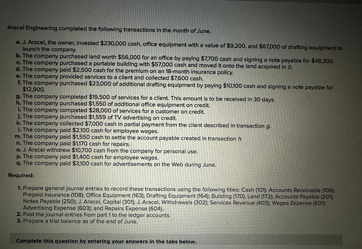 Aracel Engineering completed the following transactions in the month of June.
a. J. Aracel, the owner, invested $230,000 cash, office equipment with a value of $9,200, and $67,000 of drafting equipment to
launch the company.
b. The company purchased land worth $56,000 for an office by paying $7,700 cash and signing a note payable for $48,300.
c. The company purchased a portable building with $57,000 cash and moved it onto the land acquired in b.
d. The company paid $2,500 cash for the premium on an 18-month insurance policy.
e. The company provided services to a client and collected $7,600 cash.
f. The company purchased $23,000 of additional drafting equipment by paying $10,100 cash and signing a note payable for
$12,900.
g. The company completed $19,500 of services for a client. This amount is to be received in 30 days.
h. The company purchased $1,550 of additional office equipment on credit.
1. The company completed $28,000 of services for a customer on credit.
J. The company purchased $1,559 of TV advertising on credit.
k. The company collected $7,000 cash in partial payment from the client described in transaction g.
I. The company paid $2,100 cash for employee wages.
m. The company paid $1,550 cash to settle the account payable created in transaction h.
n. The company paid $1,170 cash for repairs.
o. J. Aracel withdrew $10,700 cash from the company for personal use.
p. The company paid $1,400 cash for employee wages.
q. The company paid $3,100 cash for advertisements on the Web during June.
Required:
1. Prepare general journal entries to record these transactions using the following titles: Cash (101); Accounts Receivable (106);
Prepaid Insurance (108); Office Equipment (163); Drafting Equipment (164); Building (170); Land (172); Accounts Payable (201);
Notes Payable (250); J. Aracel, Capital (301); J. Aracel, Withdrawals (302); Services Revenue (403); Wages Expense (601);
Advertising Expense (603); and Repairs Expense (604)..
2. Post the journal entries from part 1 to the ledger accounts.
3. Prepare a trial balance as of the end of June.
Complete this question by entering your answers in the tabs below.