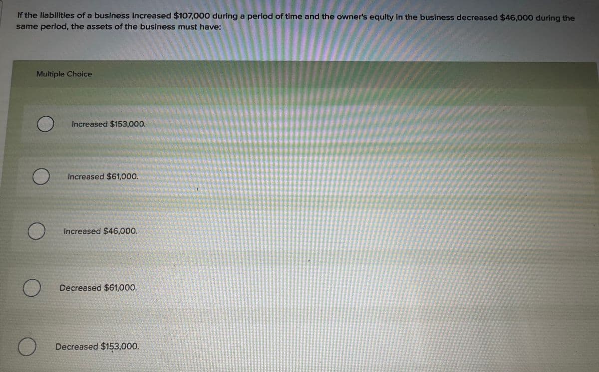 If the liabilities of a business increased $107,000 during a period of time and the owner's equity in the business decreased $46,000 during the
same period, the assets of the business must have:
Multiple Choice
Increased $153,000.
Increased $61,000.
Increased $46,000.
Decreased $61,000.
Decreased $153,000.