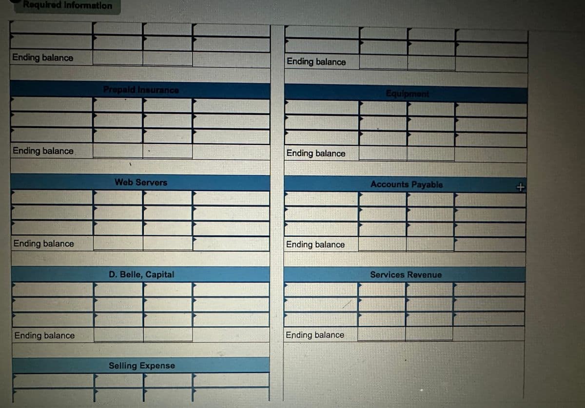Required Information
Ending balance
Ending balance
Ending balance
Ending balance
Prepaid Insurance
Web Servers
D. Belle, Capital
Selling Expense
Ending balance
Ending balance
Ending balance
Ending balance
Equipment
Accounts Payable
Services Revenue
+