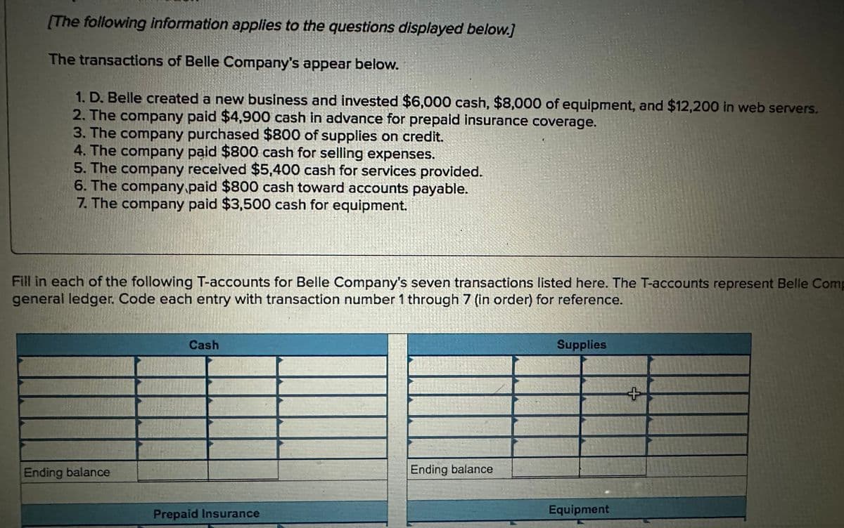 [The following information applies to the questions displayed below.]
The transactions of Belle Company's appear below.
1. D. Belle created a new business and invested $6,000 cash, $8,000 of equipment, and $12,200 in web servers.
2. The company paid $4,900 cash in advance for prepaid insurance coverage.
3. The company purchased $800 of supplies on credit.
4. The company paid $800 cash for selling expenses.
5. The company received $5,400 cash for services provided.
6. The company paid $800 cash toward accounts payable.
7. The company paid $3,500 cash for equipment.
Fill in each of the following T-accounts for Belle Company's seven transactions listed here. The T-accounts represent Belle Comp
general ledger. Code each entry with transaction number 1 through 7 (in order) for reference.
Ending balance
Cash
Prepaid Insurance
Ending balance
Supplies
Equipment
+