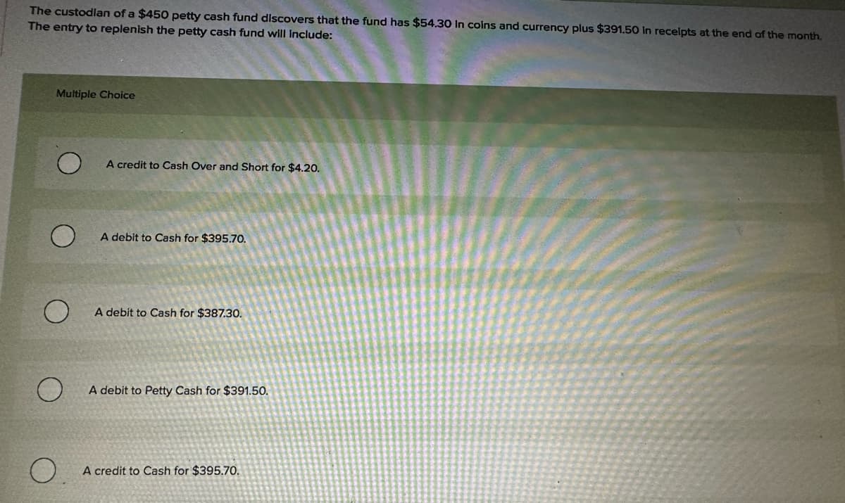 The custodian of a $450 petty cash fund discovers that the fund has $54.30 In coins and currency plus $391.50 In receipts at the end of the month.
The entry to replenish the petty cash fund will include:
Multiple Choice
A credit to Cash Over and Short for $4.20.
O
A debit to Cash for $395.70.
О
A debit to Cash for $387.30.
O
A debit to Petty Cash for $391.50.
O.
A credit to Cash for $395.70.