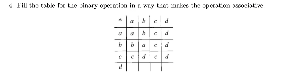 4. Fill the table for the binary operation in a way that makes the operation associative.
*
a
b
d
a
b
d
b
b
a
d
d
d
d
