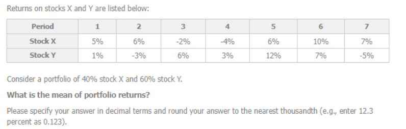 Returns on stocks X and Y are listed below:
Period
1
Stock X
5%
Stock Y
1%
2
6%
-3%
3
-2%
6%
-4%
3%
5
6%
12%
6
10%
7%
7
7%
-5%
Consider a portfolio of 40% stock X and 60% stock Y.
What is the mean of portfolio returns?
Please specify your answer in decimal terms and round your answer to the nearest thousandth (e.g., enter 12.3
percent as 0.123).