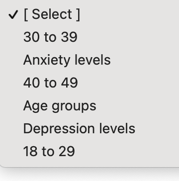 V [ Select ]
30 to 39
Anxiety levels
40 to 49
Age groups
Depression levels
18 to 29
