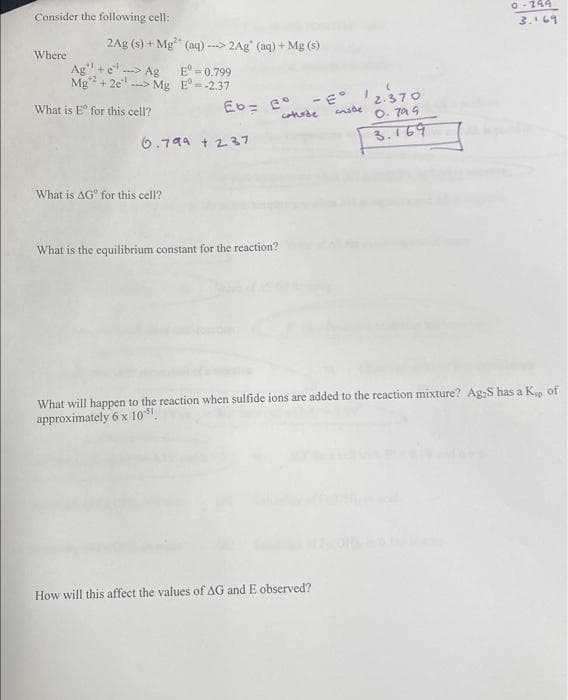 Consider the following cell:
O- 144
3.69
2Ag (s) + Mg" (aq) ---> 2Ag' (aq) + Mg (s)
Where
Ag" +e-> Ag
Mg + 2e-> Mg E° --2.37
E° =0.799
- E°
2.370
O. 7a 9
What is E° for this cell?
cohsde
nide
6.799 + 237
3.169
What is AG" for this cell?
What is the equilibrium constant for the reaction?
What will happen to the reaction when sulfide ions are added to the reaction mixture? Ag,S has a Kp of
approximately 6 x 10.
How will this affect the values of AG and E observed?
